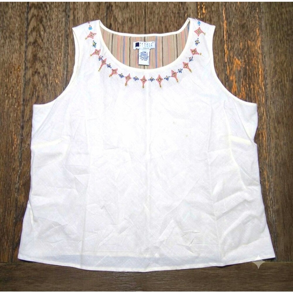 Carole Little Women's 20W White 100% Linen Embroidered Beaded Scoop Tank